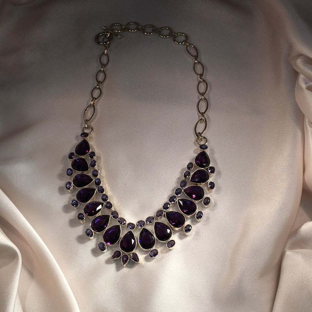 Amethyst bib necklace in sterling silver.